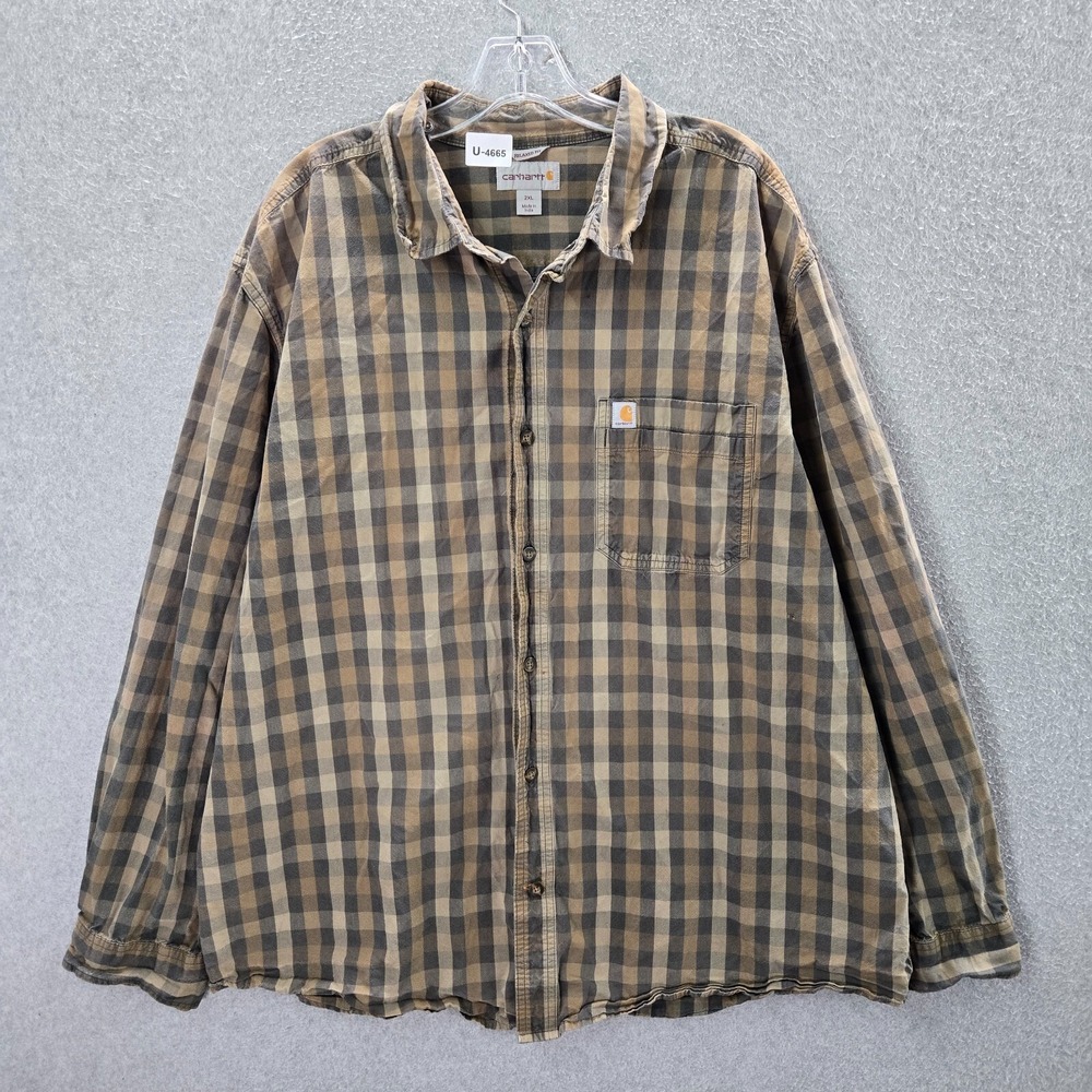 Carhartt Men‎ Button Up Shirt 2XL Brown Plaid Flannel Relaxed Fit Long Sleeve